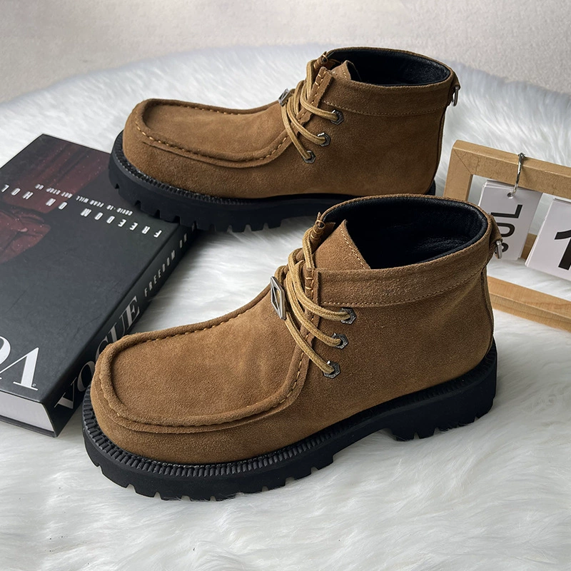 2025秋冬新款休闲短靴前系带绒面英伦风马丁靴厚底增高男鞋工装靴