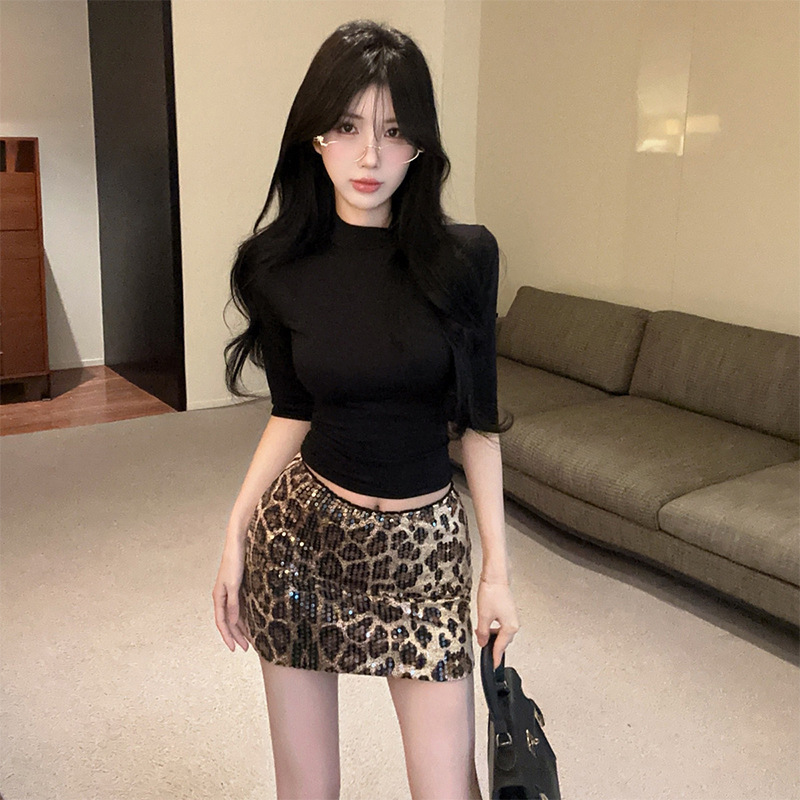 Hot Girl Style Half-High Collar Sexy Lingerie Slim-Fit T-Shirt Sequined Leopard Print Bodycon Skirt Professional Two-Piece Set