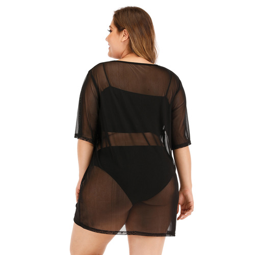 European and American Plus Size Women's Sexy See-Through Mesh Beach Dress Bikini Cover-up Dress F1420