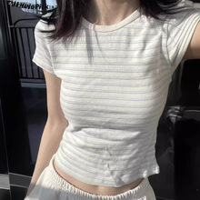 一件代发bm风简约短款修身上衣夏季新款圆领条纹内搭短袖T恤女装