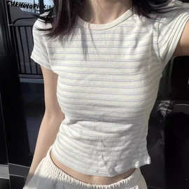 一件代发bm风简约短款修身上衣夏季新款圆领条纹内搭短袖T恤女装