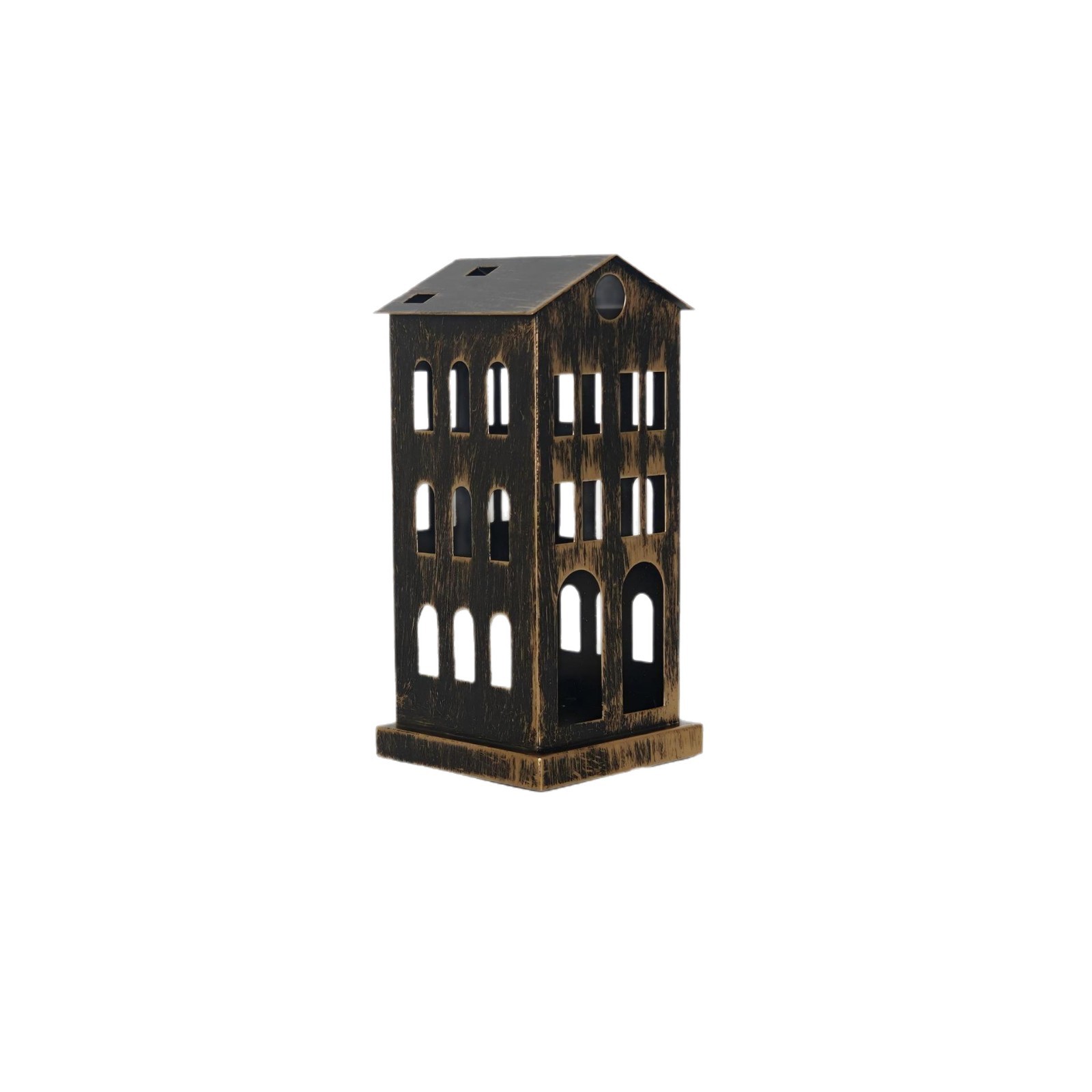 Nuevos productos transfronterizos europeos y estadounidenses hacen viejos castillos pequeños adornos candelables hierro forjado hueco casa navideña decoración de mesa candelables