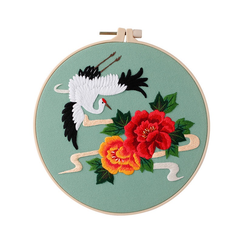 DIY hecho a mano bordado material paquete original nueva nube corazón grúa danza grúa auspicioso nube Pino Cypress Peony Lotus Inglés