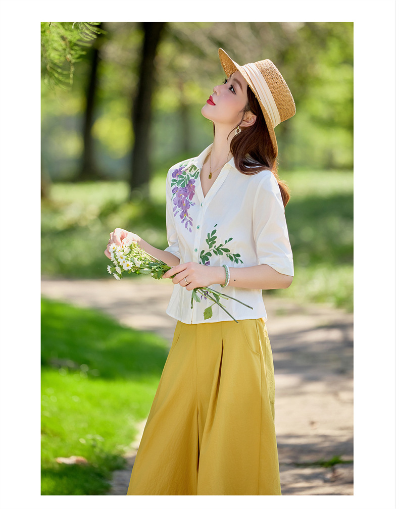 Bộ vest nữ hai mảnh áo sơ mi in họa tiết kết hợp quần ống suông cạp cao — Màu ảnh chi tiết 11