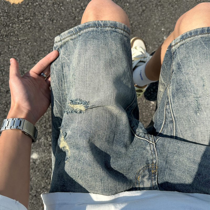 Blue Vintage Ripped Denim Shorts for Men, Summer Hot-Selling American Style Trendy Brand Loose-Fitting Mid-Length Shorts for Men