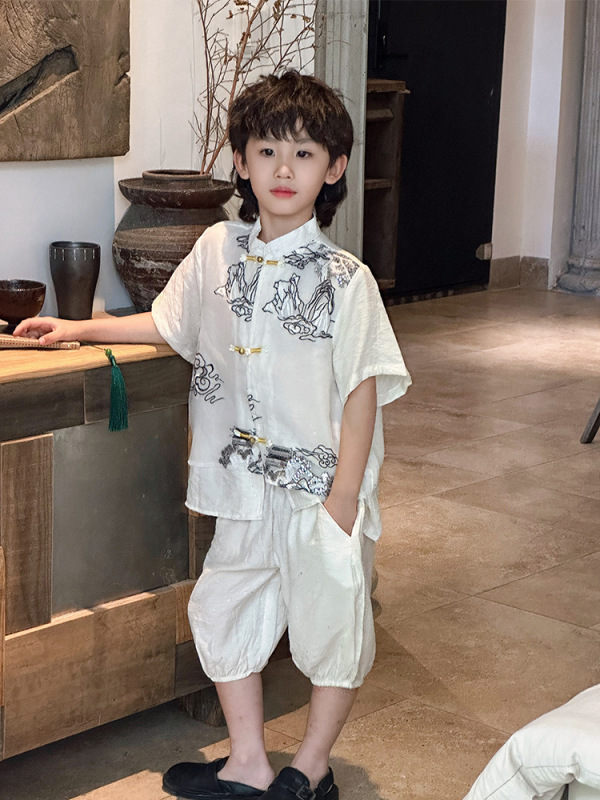 男童套装2025夏季中国风立领洋气上衣儿童山水提花短袖一件代发潮|undefined