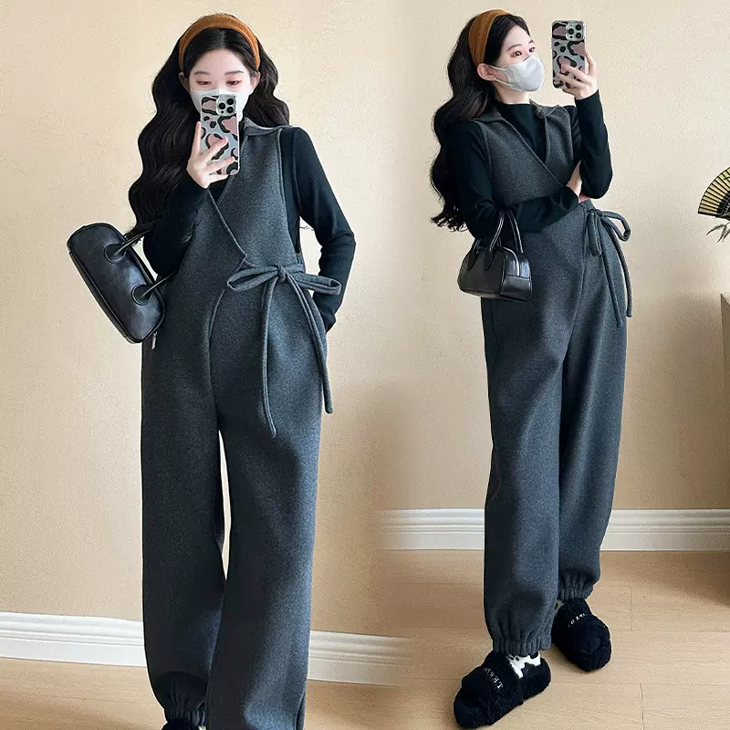 孕妇套装秋冬款加绒加厚系绳束脚裤背带裤+半高领打底衫孕妇套装