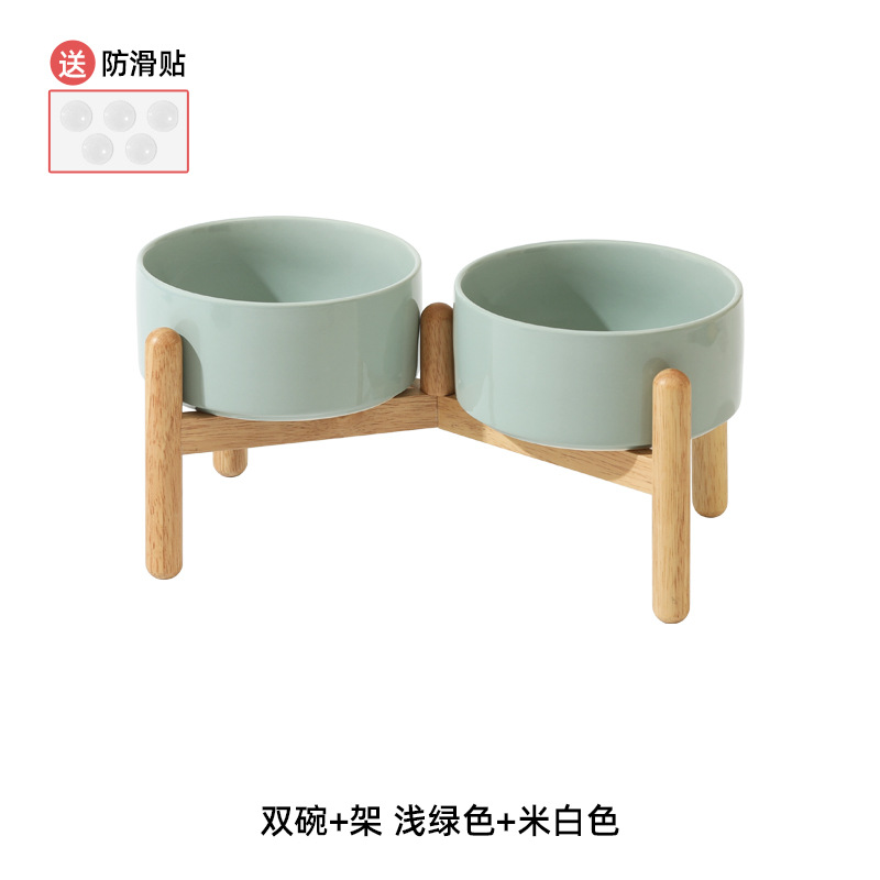 Cuenco de cerámica del perro cuenco doble cuenco de soporte cervical mediano y grande tamaño pequeño cuenco de comida para perros cuenco de agua de madera traje de estante cuenco de perro