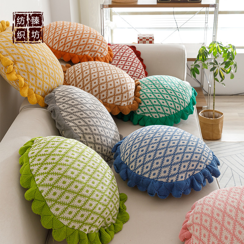 ins风全棉花边圆形针织抱枕靠垫枕头 家居软装配饰 拍照道具