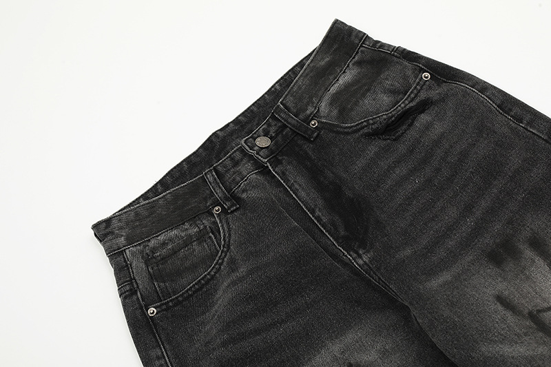 Unisex High Street Distressed Whiskered Ripped Black Jeans American Style Vibe Washed Straight Leg Slightly Flared Hip Hop Floor Length Pants_mkmklike.com