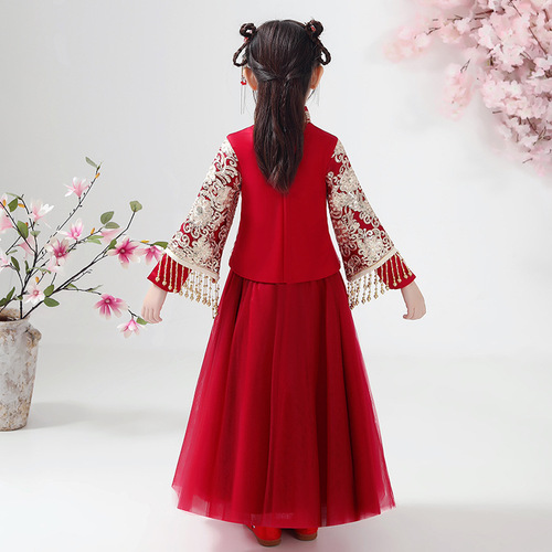 Wine  Red Hanfu Chinese style costume super girls cheongsam Fairy Chinese Princess Dress children fairy XiuHe tang suit children hanfu skirt kids