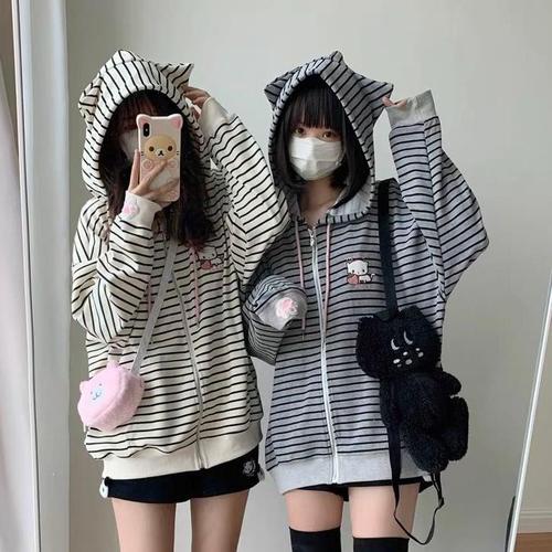 Strawberry Cat Embroidered Striped Top with Cute Cat Ears, Beige and Black Grey Sweatshirt, Loose Outerwear for Women, Autumn and Winter, Japanese Style, Soft Girl