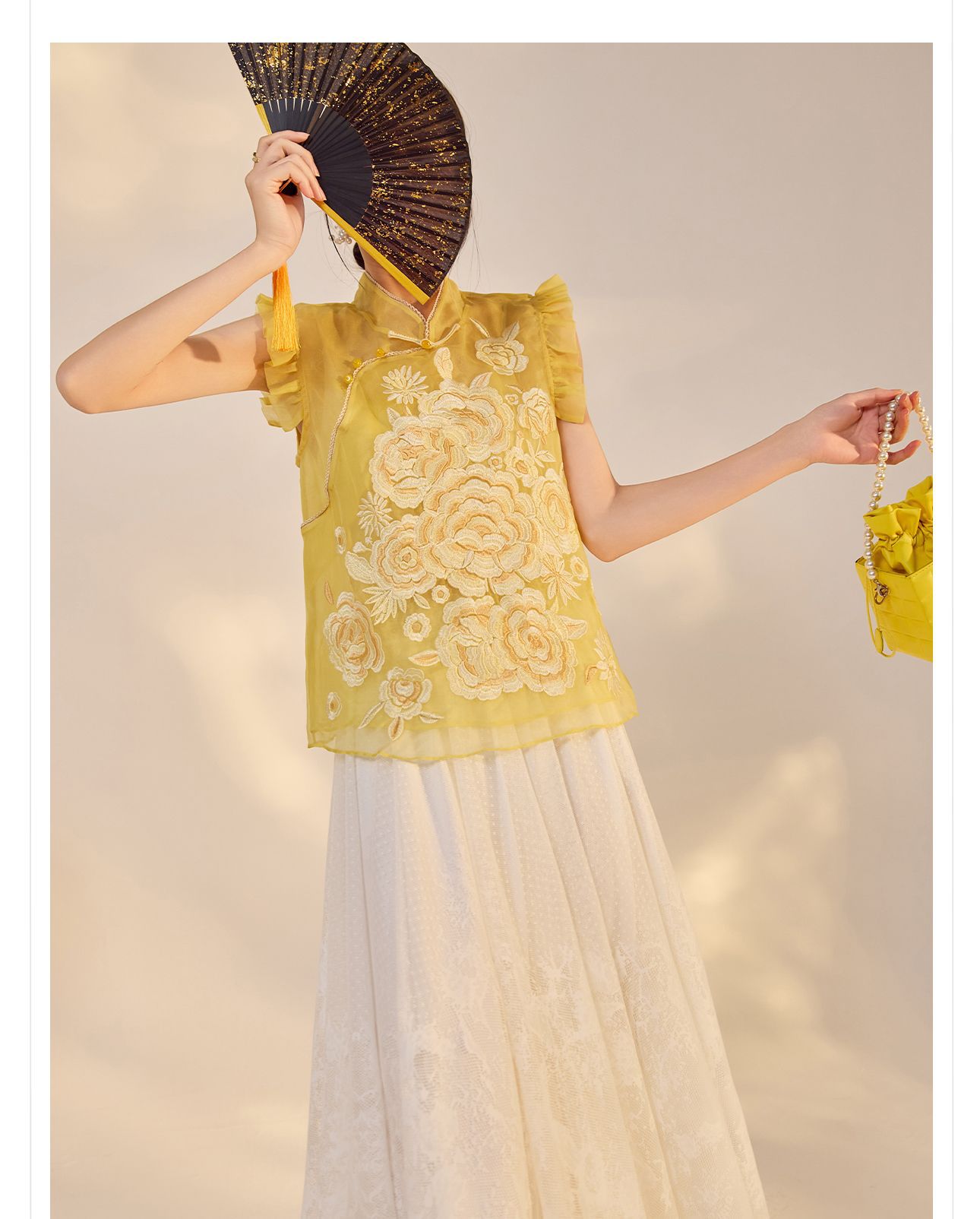Áo vest gile nữ lụa tằm ren hoa cổ đứng cài nút kiểu Trung Hoa mùa hè N4012 — Màu vàng sữa chi tiết 17