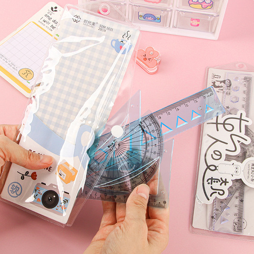 Cartoon soft ruler set stationery primary school students soft ruler 4-piece set folding triangle plate protractor children's ruler