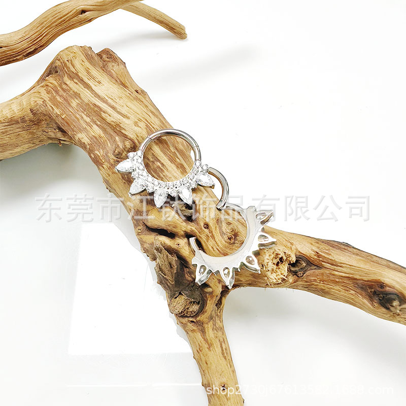 Titanium Nose Ring Closed Hoop with Petals Inlaid 5A Zircon G23 ASTM F136 Body Piercing Jewelry detail image 7