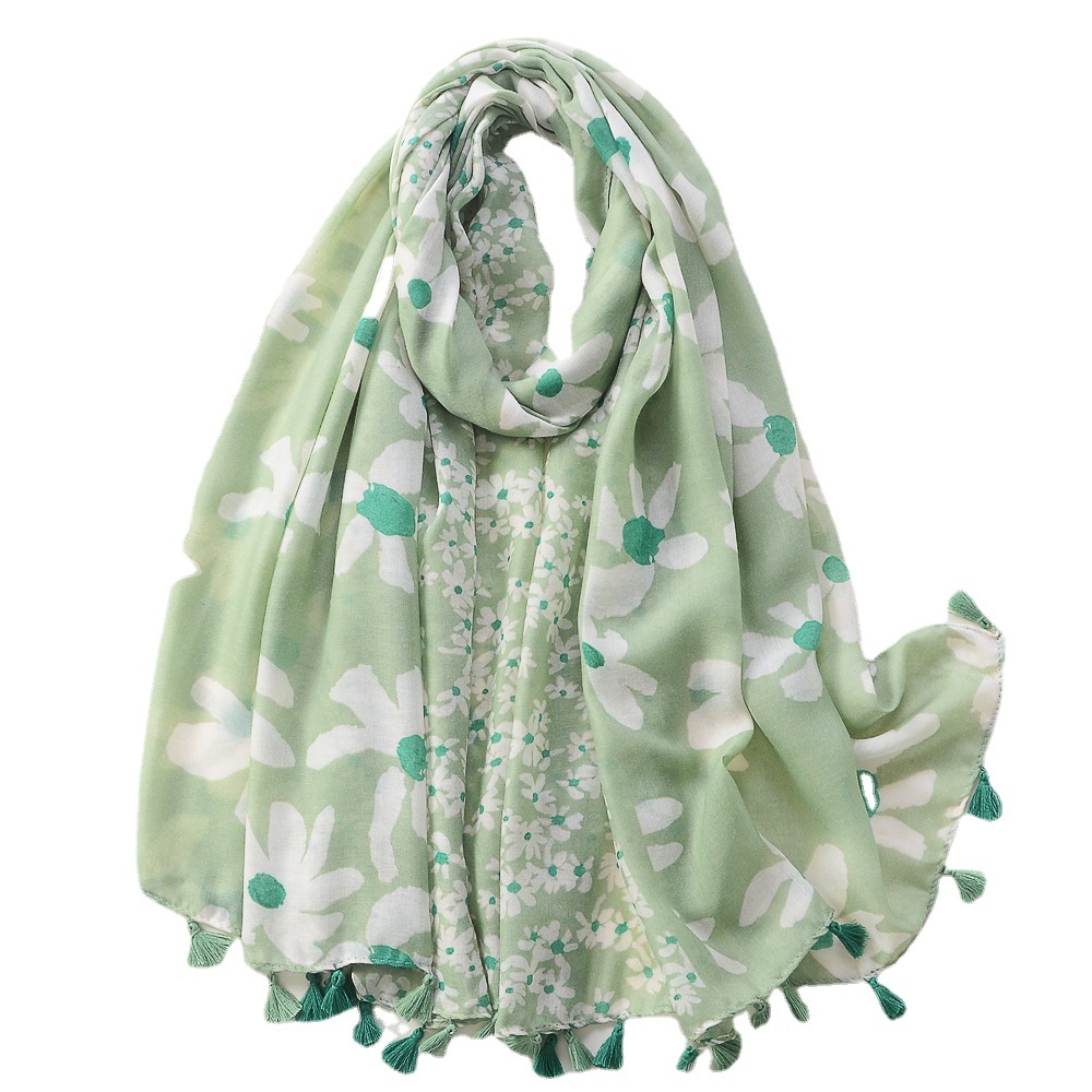 Nuevo estilo fresco Margarita estampado decorativo elegante artístico algodón y lino sensación bufanda de seda primavera y verano Delgado viaje chal para mujeres