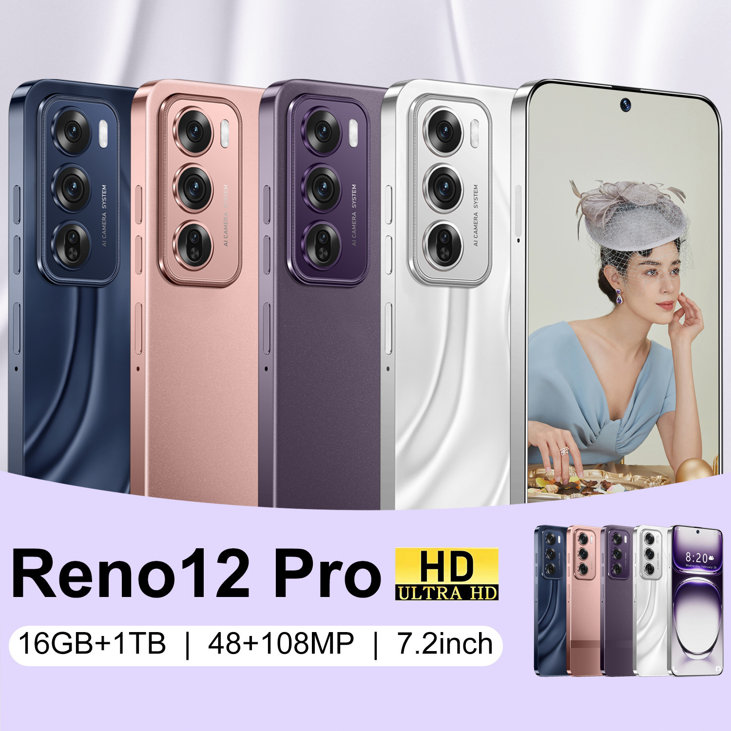 New Cross-Border Mobile Phone Reno12 Pro Perforated Android Smartphone 16+1t Large Screen Popular Foreign Trade Mobile Phone