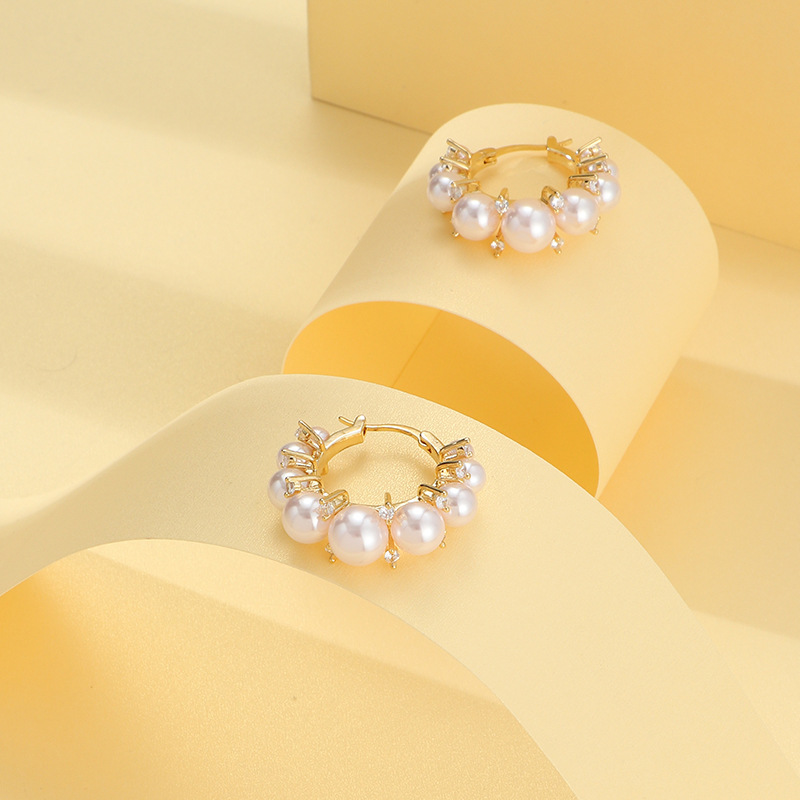 Daily Occasion Fashion Round Copper Inlay Artificial Diamond Pearl Hoop Earrings 1 Pair