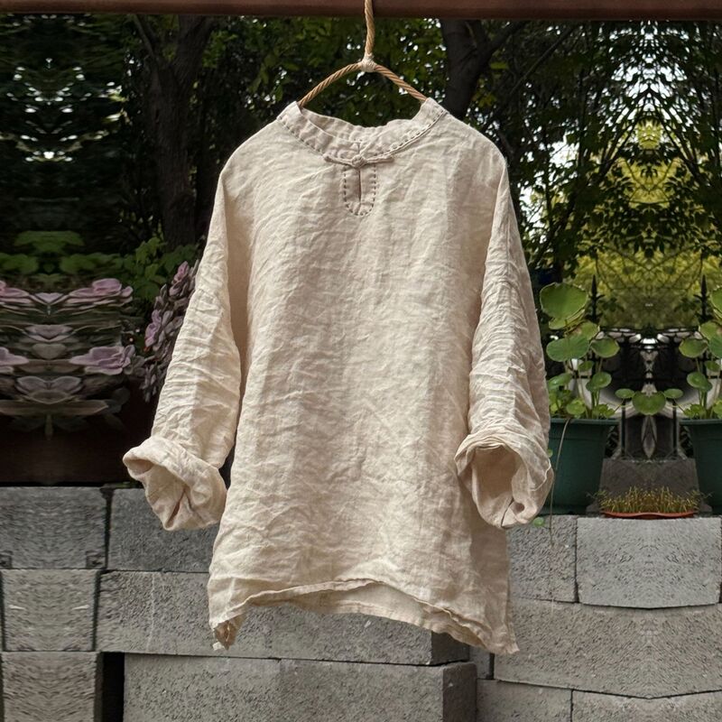 4460 High-Quality Sand-Washed Linen One-Piece Hand-Sewn Button-Up Top Hand-Sewn Thread Stand-Up Collar Shirt Bottoming Shirt