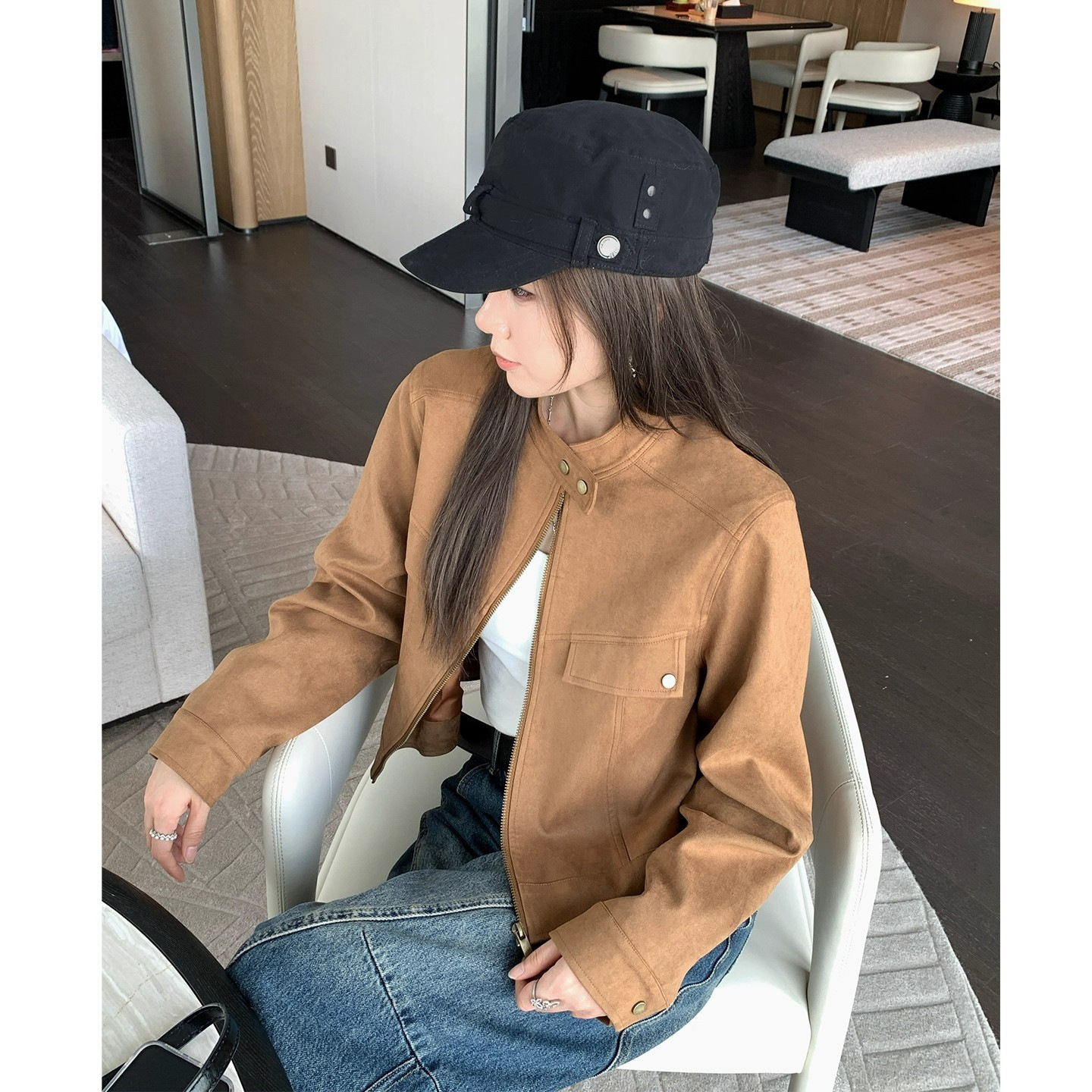 Vintage Brown Melad Jacket for Women 2025 Autumn New Loose Versatile Zipper Turn-Down Collar Motorcycle Jacket Top