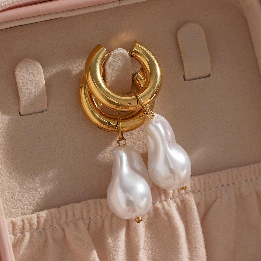 18K Gold Plating Color 1 Pair Quantity 304 Stainless Steel, Imitation Pearl Material PVD Coated Real Gold Plated 18K Gold Irregular Water Droplets 304 Stainless Steel Imitation Pearl Retro Waterproof Non Tarnish Earrings