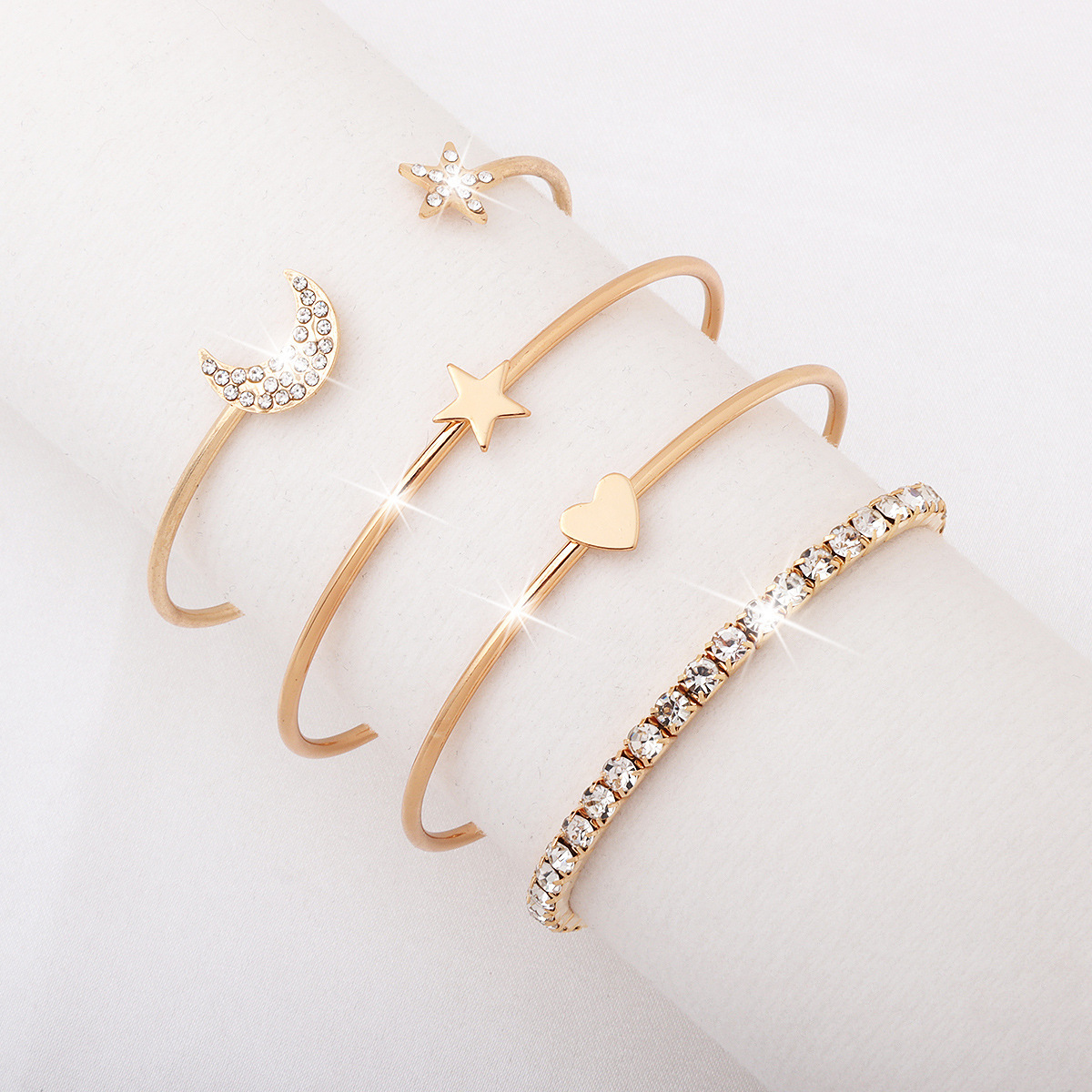 Fashionable Open Bangle Bracelet Set With Crystals Stars And Moons_voghion.com