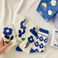 秋冬新款簡約藍色立體花朵中筒襪克萊因藍個性長襪ins潮外穿批發