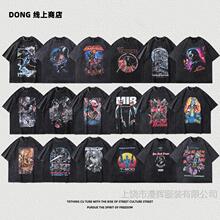 高街水洗做旧美式电影卡通动漫印花宽松落肩T恤短袖五分袖潮