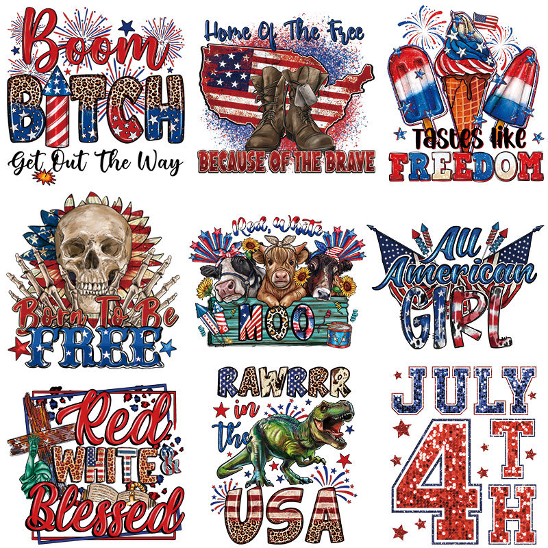 跨境亚马逊独立日烫画图案 胶印印花热转印贴烫图 烫印logo衣服贴