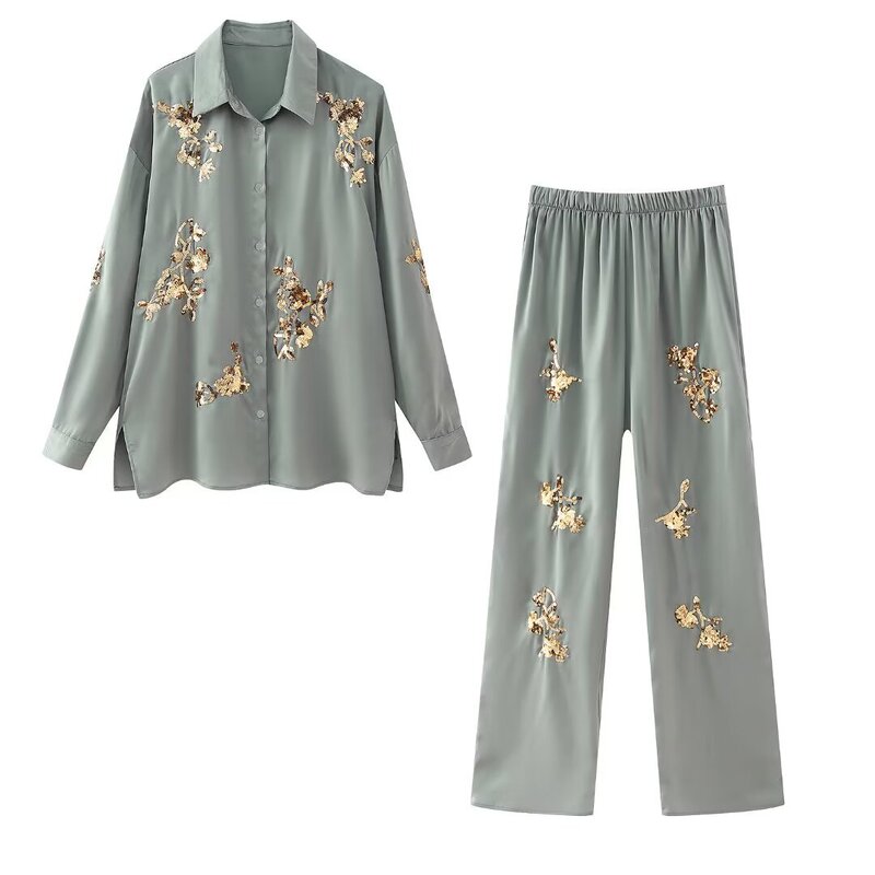 24 TZE Women's Fashion Trendy suit Women's Sequin Long Sleeve Casual Shirt High Waist Draped Straight Pants