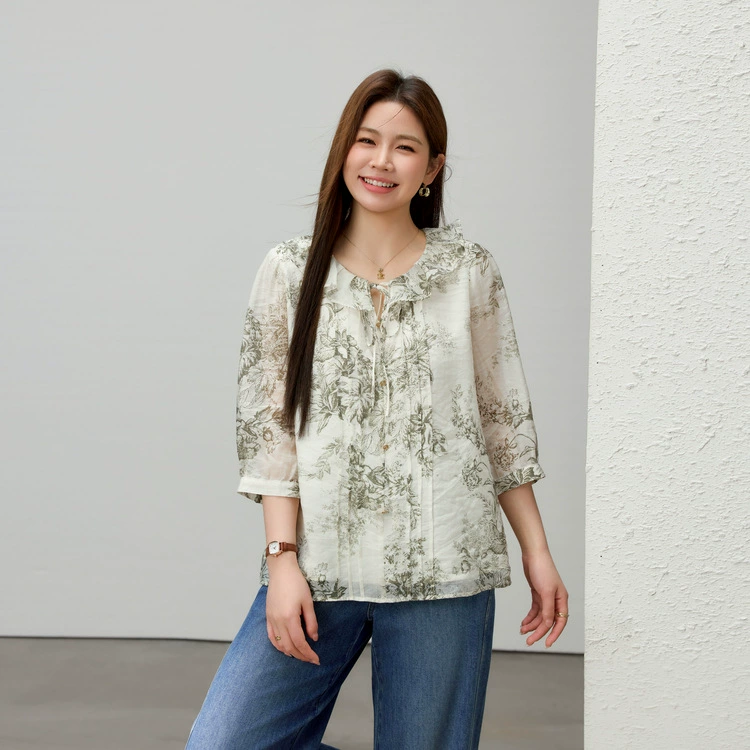[Крутая и художественная лиоцелловая рубашка с принтом в стиле ретро] Тонкая и красивая женская одежда больших размеров, толстая мм, лето 2025, новый стиль