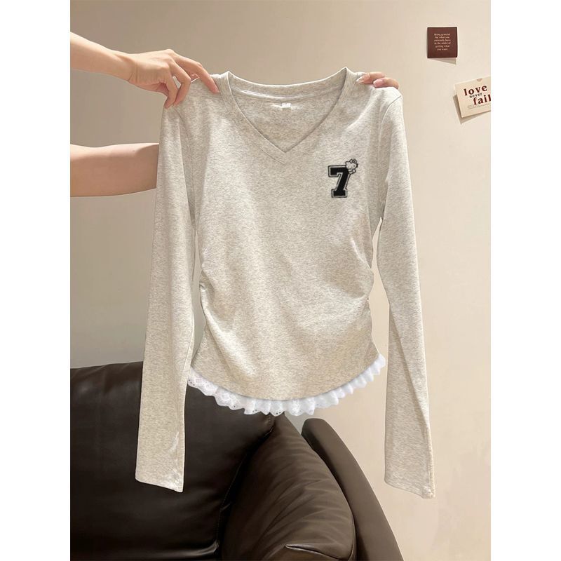 Stunning V-Neck Long-Sleeved Tops for Women 2025 Early Autumn New Popular Lace Edge Waist Niche Design T-Shirt