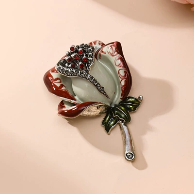 Hand-Painted Enamel Rose Brooch with Diamonds, Floral Dress Brooch, High-End Exquisite Vintage Pin, Rose Brooch (Yaxa sancaqları) - red-rose-brooch