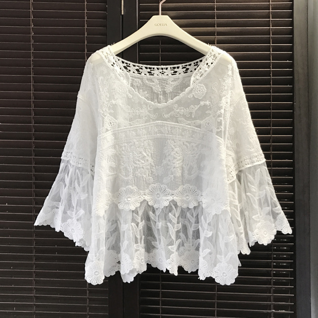 Bell sleeve top doll shirt pullover sun protection outer blouse women's spring and summer white mesh lace short chiffon shirt