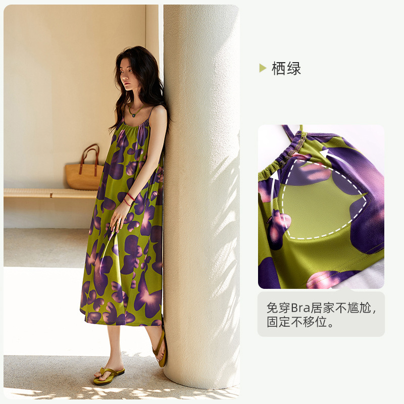 悦内带胸垫睡裙女士夏季夏天莫代尔吊带背心大码长款蝴蝶睡衣女款|undefined