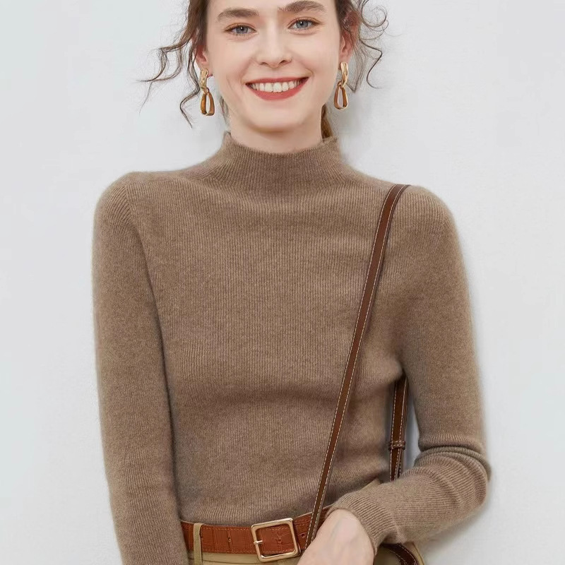 First-Line Semi-Turtleneck 100 Wool Sweater Women's Autumn and Winter Seamless Top Slim-Fit Slimming Knitted Base Shirt Wool Sweater