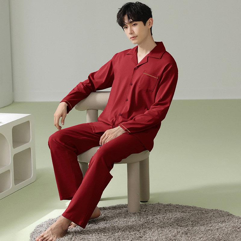 커플 잠옷 홈 순수 코튼 긴 소매 축제 레드 웨딩 조디악 년 간단한 캐주얼 가디건