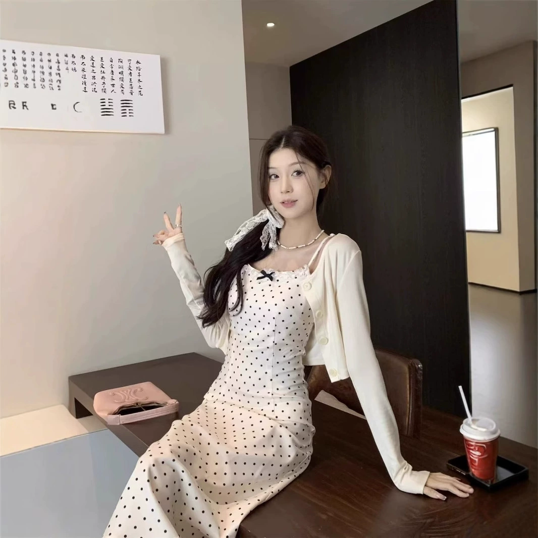 Женское летнее платье-кардиган в горошек с кружевным воротником в корейском стиле, новинка 2025 года, универсальный однобортный костюм