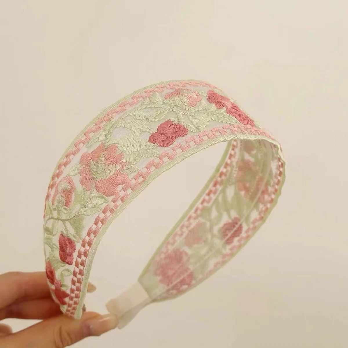 1 # Embroidered pink rose green headband