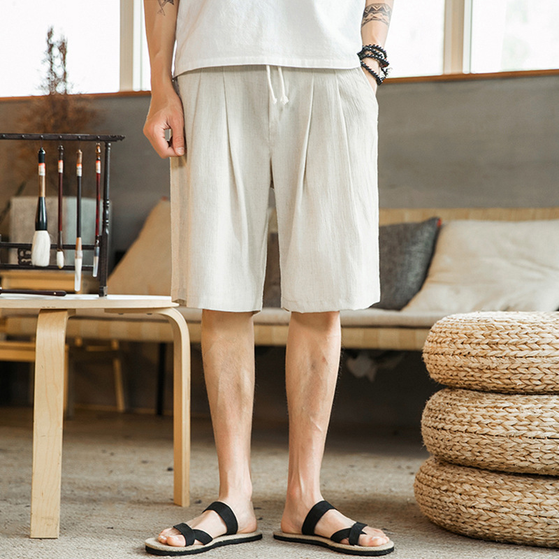 Chinese Style Men's Linen Shorts Men's Thin Loose Breathable Cotton and Linen Pants Stretch Waist Beach Casual Pants