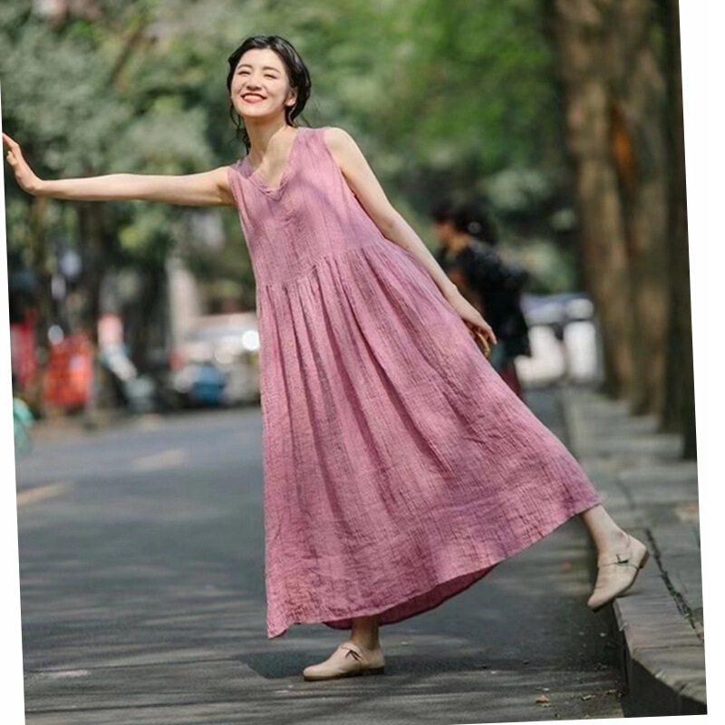 Summer New Style, Youthful Designer Style, Relaxed and Artistic Style, Linen Plus-Size Sleeveless Dress
