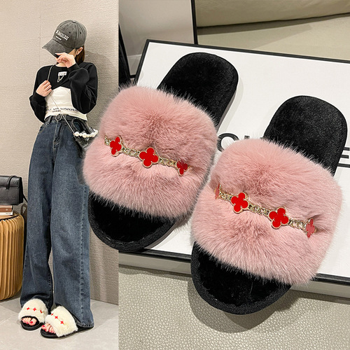  New Arrival Four-Leaf Clover Metal Chain Furry Slippers for Women | Fashionable Indoor & Home Use Open-Toe Cotton Slippers for Cross-Border Markets