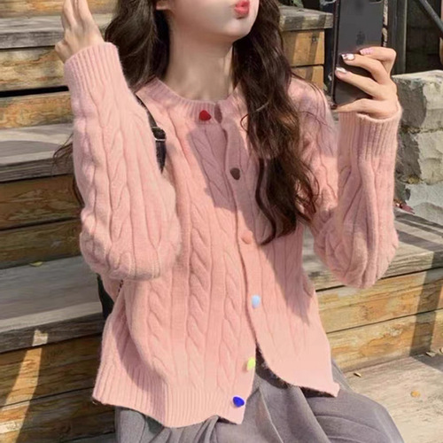 Rainbow button sweater jacket for women Korean style sweet college style outer wear loose soft waxy women's knitted cardigan for autumn and winter