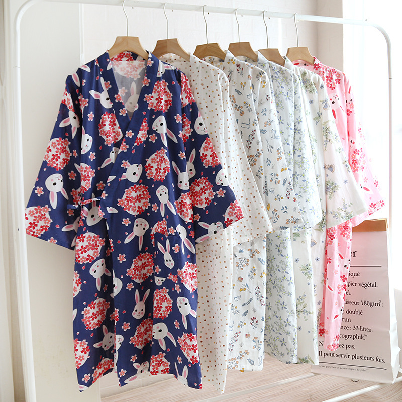 Hanfu double-layer gauze cotton lace-up kimono nightgown women's summer thin bathrobe mid-length sweat steaming clothes pajamas