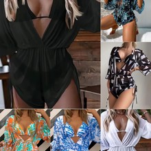 2024新款外贸跨境长袖三件套网纱束腰抽绳印花分体比基尼泳衣现货