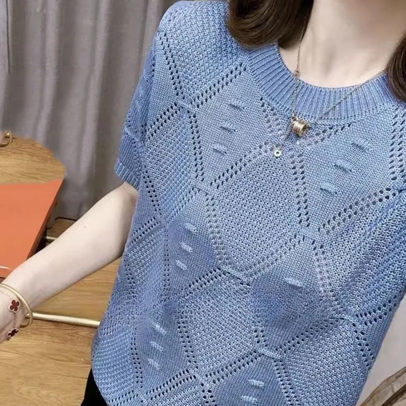 Hollow-Out Knit Sweater Ice Silk Short-Sleeve T-Shirt for Women, New Summer Style, Stylish and Youthful, Fashionable Thin Solid Color Top