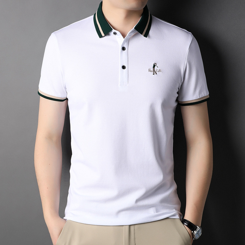 Summer New Middle-Aged Men's Casual Tops Stripesd Lapel Short-Sleeved T-Shirt 95 Cotton Stretch Polo Shirt Bottoming