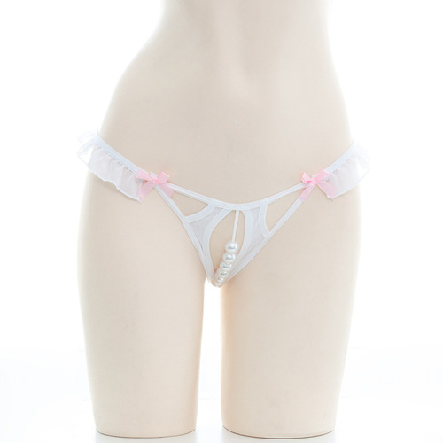 Sexy low-waisted pearl underwear, crotch-free lace T-string pants, women's sexy bunny tail panties N0502