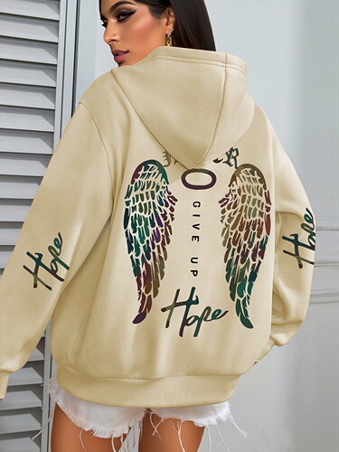Wings Print Hoodie, Casual Kangaroo Pocket Drawstring Long-Sleeve Hooded Sweatshirt, Women's European Size Hooded Sweatshirt