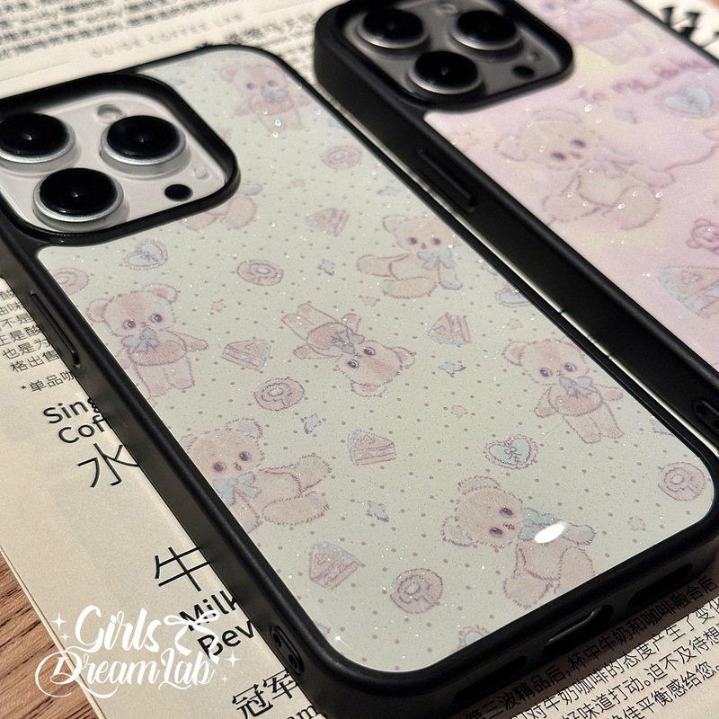 オリジナルクリームぬいぐるみクマ接着剤ブラックフレームピンクブルーかわいい大きな穴の携帯電話ケース iPhone に適しています|undefined